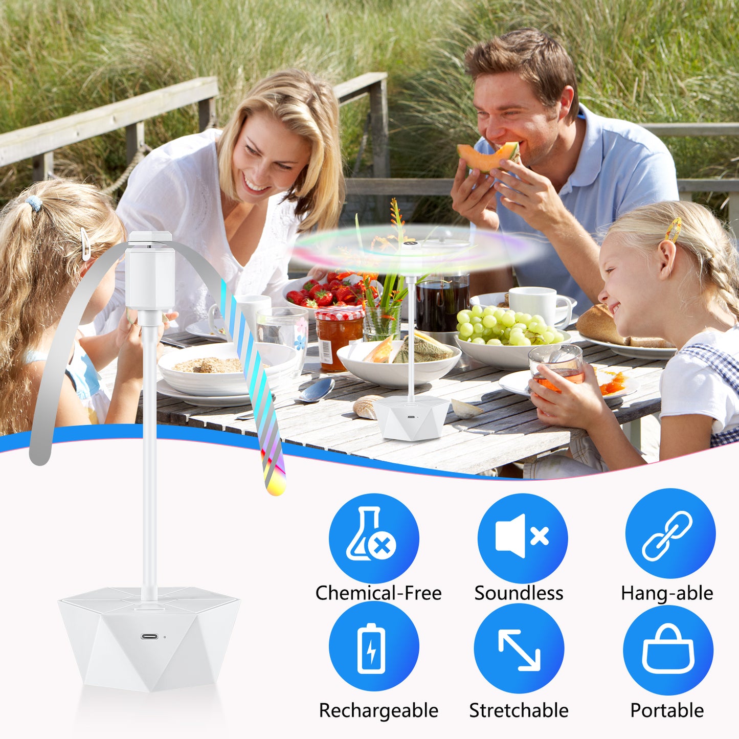 chemotex Fly Fans for Tables Rechargeable, Table Top Fly Spinner to Keep Flies Away from Food, Portable Fly Repellent Fan with Soft Stop Blades for Outdoor, Picnic, Patio & BBQ (White, 4Pack)