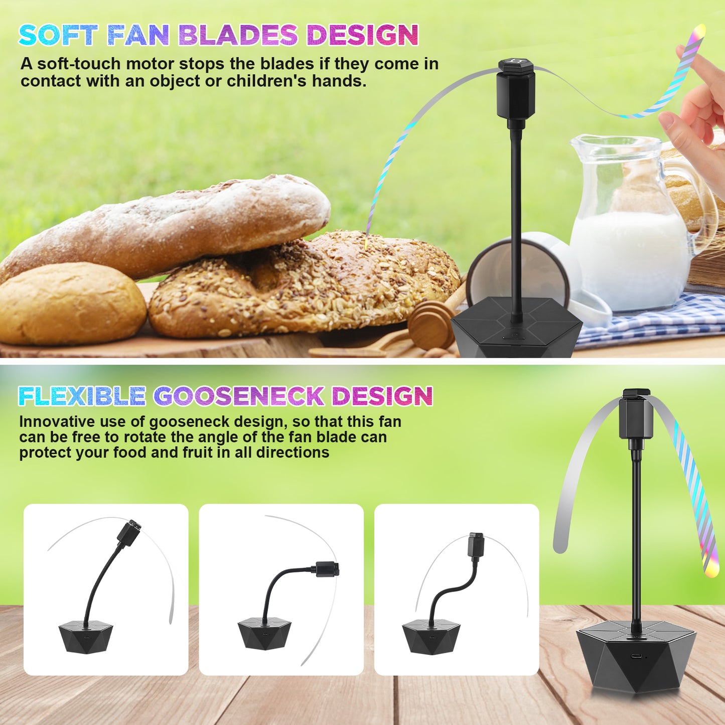 chemotex Fly Fans for Tables Rechargeable, Table Top Fly Spinner to Keep Flies Away from Food, Portable Fly Repellent Fan with Soft Stop Blades for Outdoor, Picnic, Patio & BBQ (Black, 4Pack)
